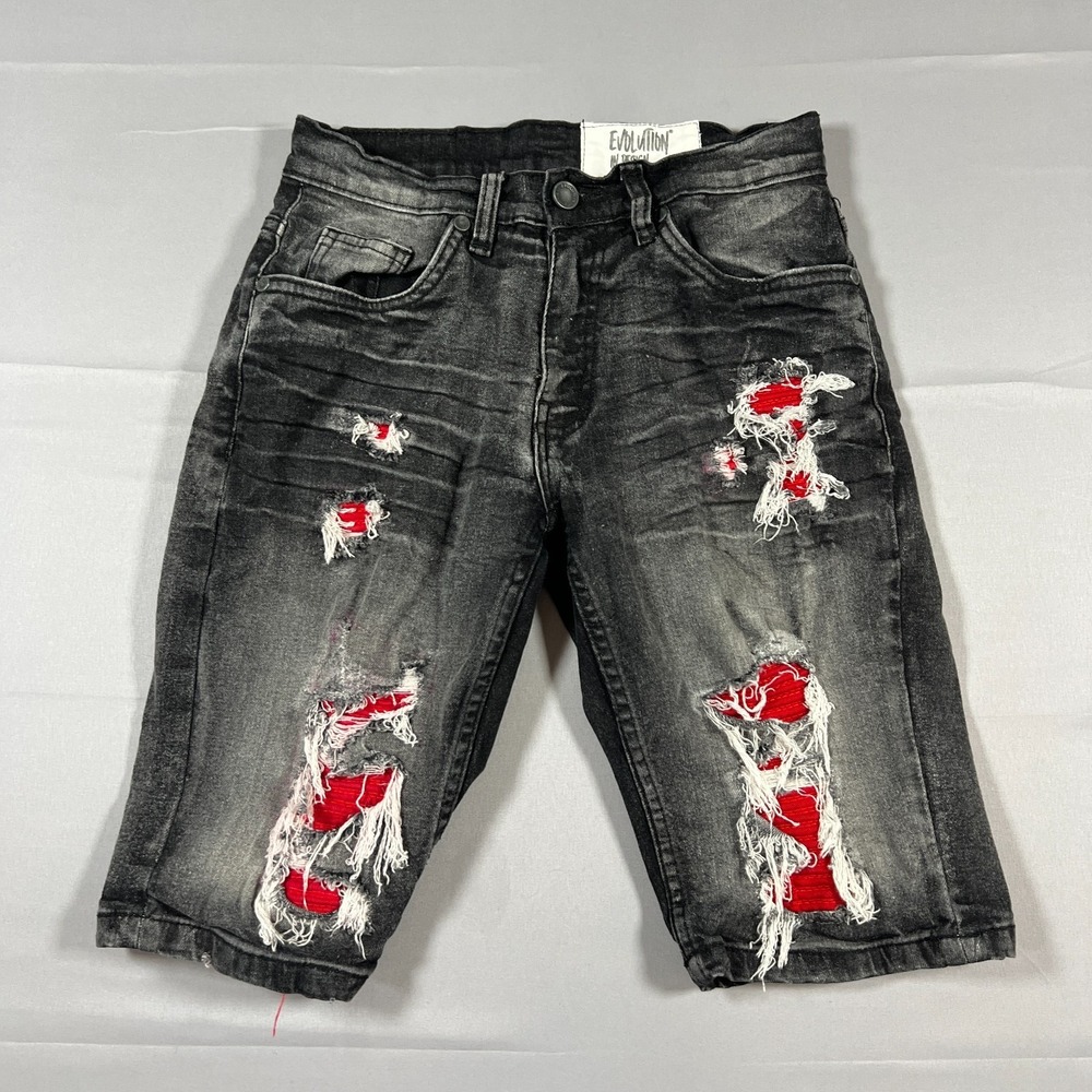 Evolution Bermuda Denim Shorts Boy 12 Black Cotton Zip Fly Distressed Y2k Skater